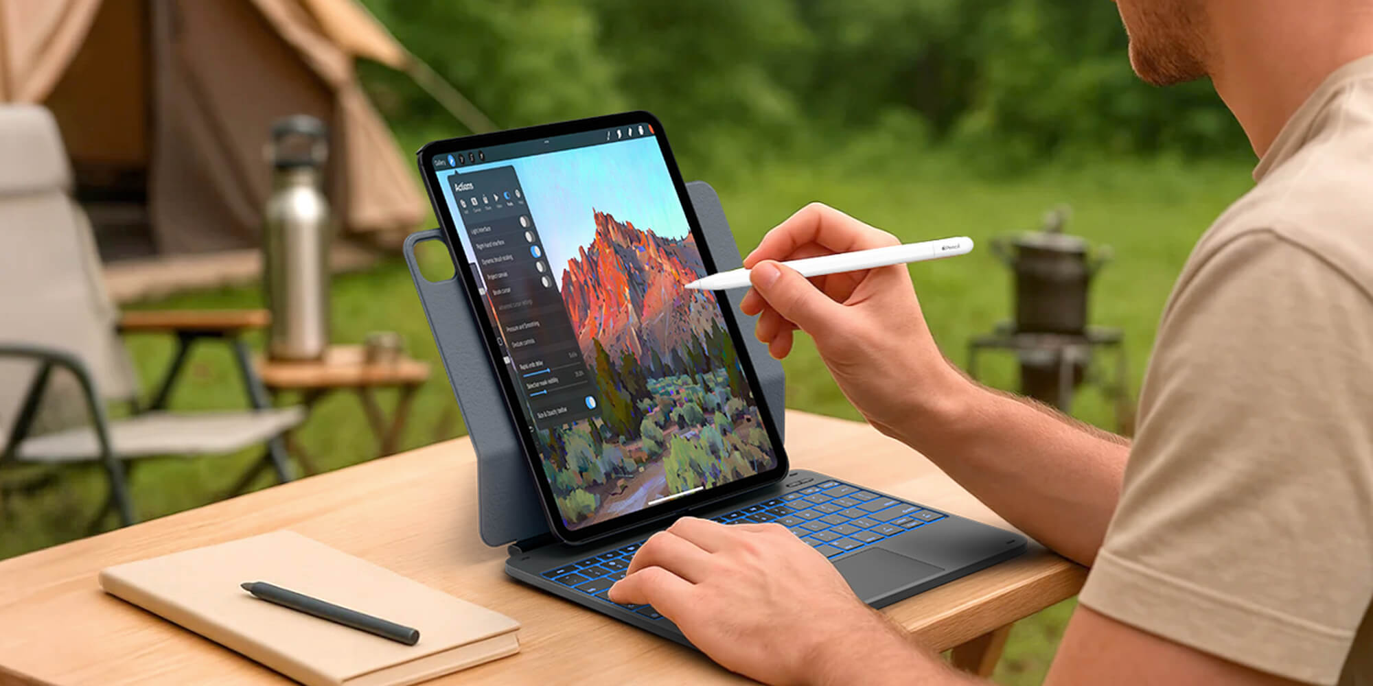 An artist is sketching on an iPad encased in a Typecase keyboard cover while camping.